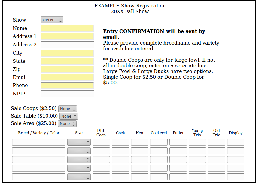 poultry show online entry screen