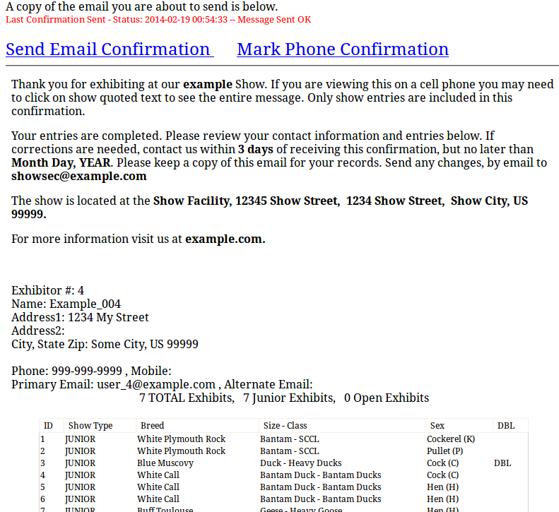 poultry show confirmations screenshot